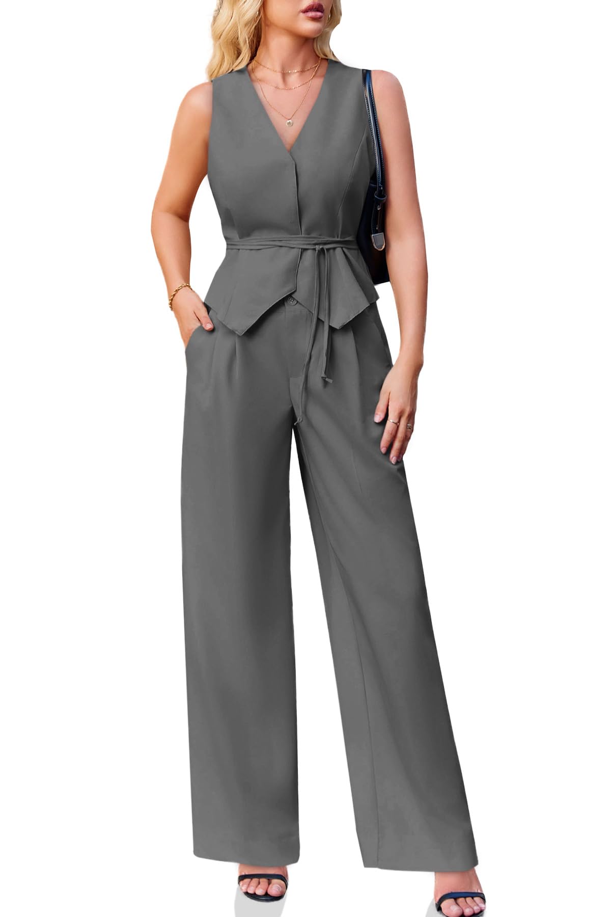 Cicy Bell Womens 2 Piece Outfits Sleeveless Tie Waist Suit Vest and Wide Leg Pants Business Casual Blazer