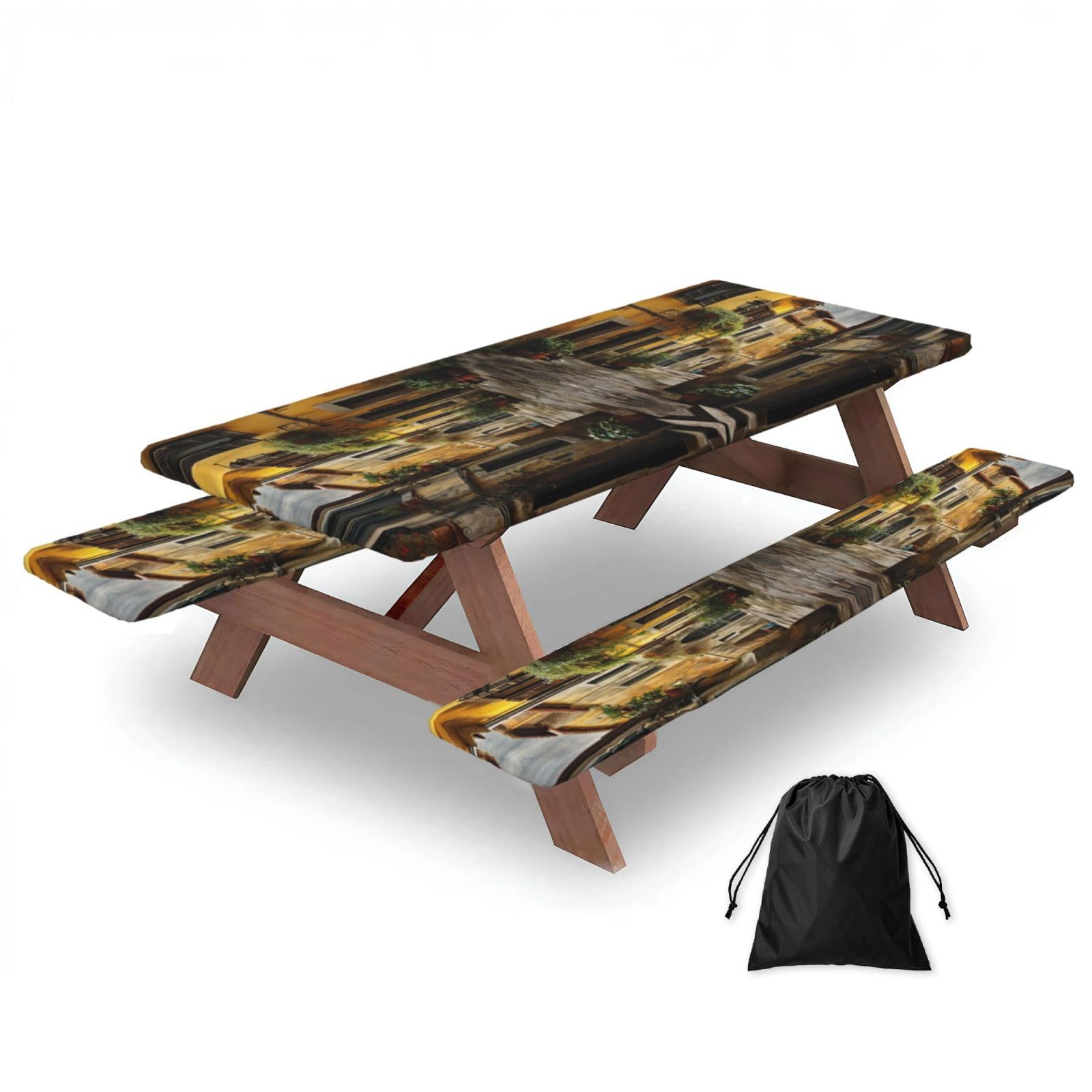 Italian Old Street Print 3 Pack Wipeable Picnic Bench Cover And Table Cover Lightweight Table Cloth For Camping Outdoor