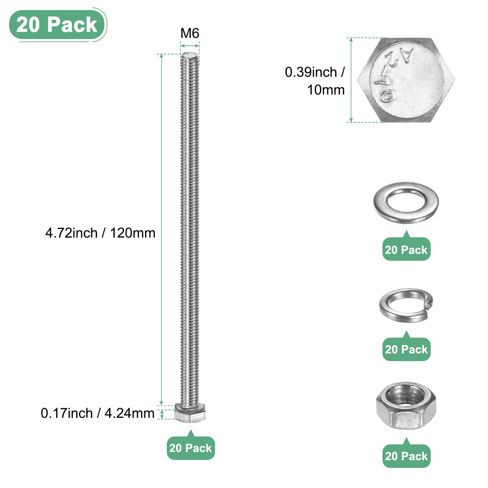 M METERXITY 20-Pack Hex Head Screw Bolt with Nuts Flat & Lock Washers M6x120mm Stainless Steel Bolts and Nuts Kit Fully Threaded Metric Bolt Assortment for Equipment/Machinery - Image 3