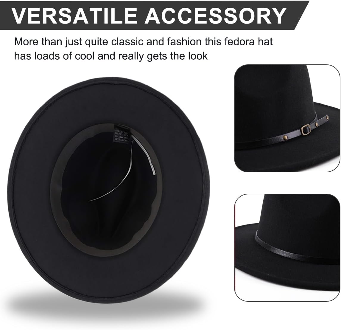 23Inch Black Fedora Hat with Belt Buckle Adjustable Wide Brim Felt Panama Hats Unisex Trilby Caps Church Jazz Cap - Image 5