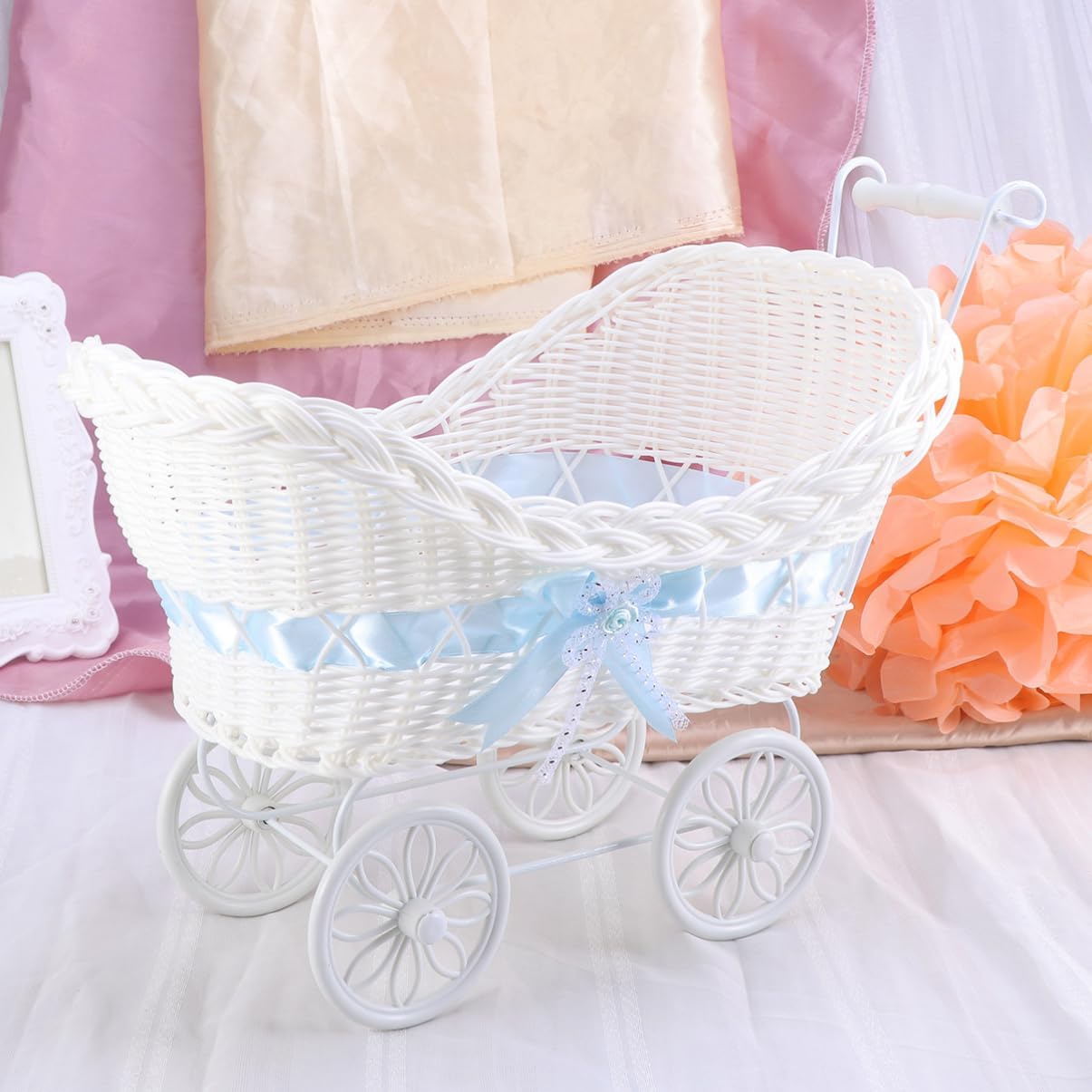 Cabilock 1pc Blue Rattan Stroller Flower Basket Mini Tricycle Decor for Weddings Showers and Birthdays Charming Knitted Ornament for Home and Party Display