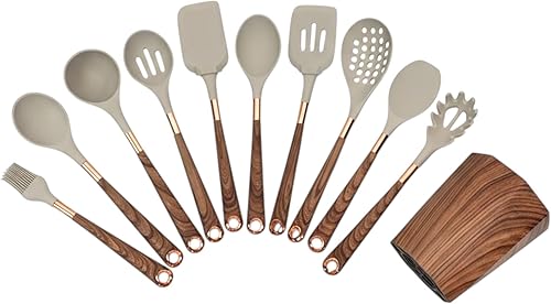 Juego de utensilios de cocina de silicona de alta calidad de 11 piezas con soporte, herramientas de cocina resistentes al calor con asas de grano