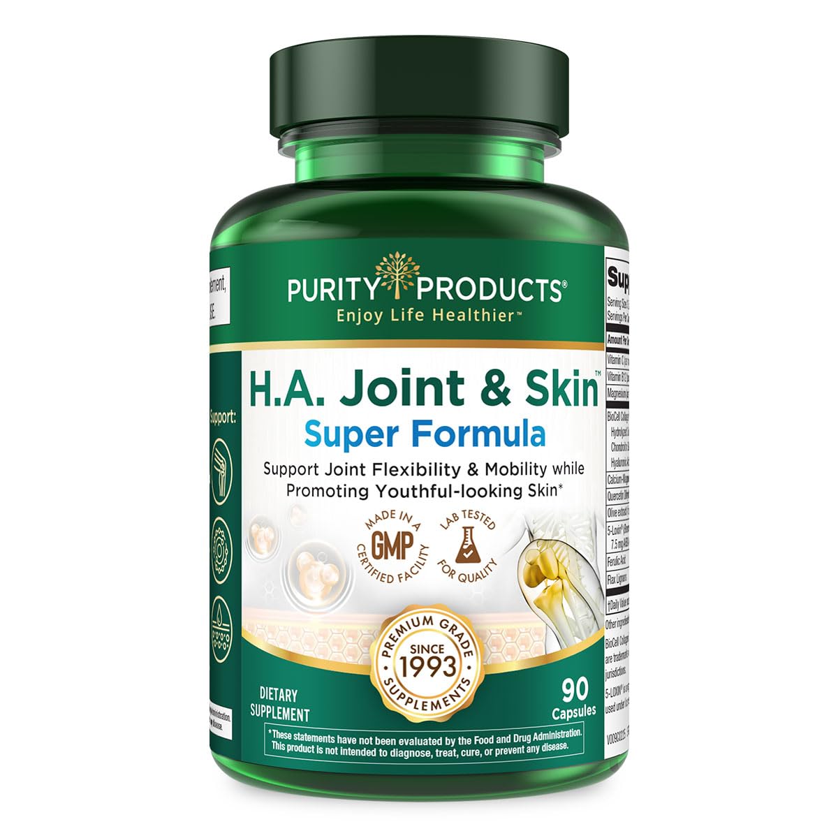 Purity Products H.A. Joint and Skin Super Formula Biocell Collagen w/Hyaluronic Acid Supports Healthy Joint Flexibility, Healthy Synovial Fluid, and Lubrication - 5-Loxin - 90 Capsules (1)