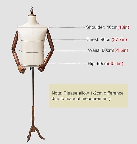 Miniatura 2 de Maniquí masculino ajustable forma maniquí torso con brazos y base de madera, trajes de ventana resistentes soporte de maniquí de exhibición (soporte