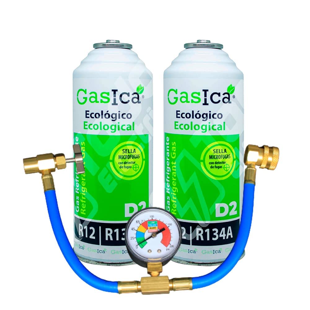 PACK 2 bottiglie Gasica D2 Sostituzione gas refrigerante R12 e R134A e tubo con manometro per ricarica aria condizionata
