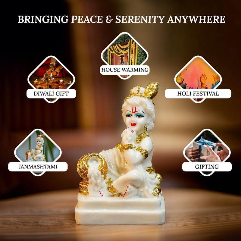 Image of Ekhasa Aura Series Marble Dust Bal Gopal Murti (5 inch) | Gold Plated Laddu Gopal Murti for Pooja Room | Resin Baby Krishna Idol for Home | Bal Krishna Idol | Sri Krishna Idols Gift | Makan Chor Idol