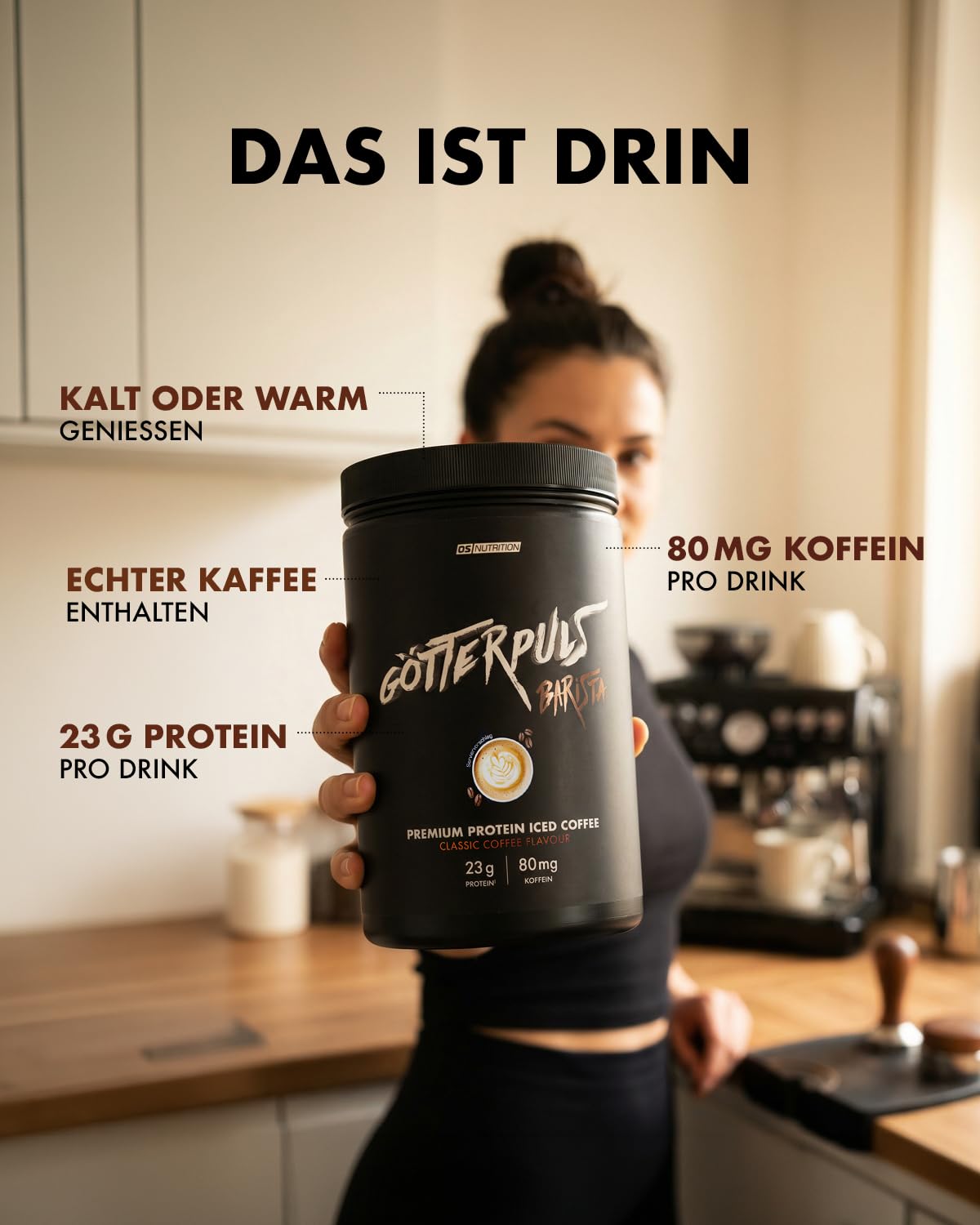 Götterpuls Barista Protein Iced Coffee 600g Pulver Classic Coffee | Mit 23g Eiweiß & 80mg Koffein – Mit echtem Kaffee-Extrakt – Whey Protein Isolat & Konzentrat – 20 Portionen