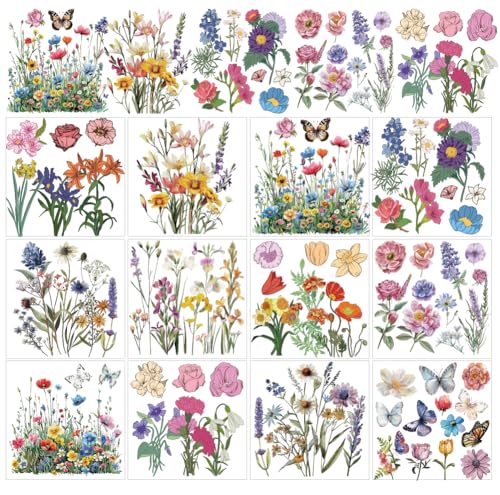 AHANDMAKER 12 Sheets Wildflower Bush Rub on Transfers for Crafts, Wildflower Butterfly Rub on Transfer Stickers, Butterfly Floral Rub on Decals for Glass Wood Paper Furniture DIY Home Decor, 5.5x5.5