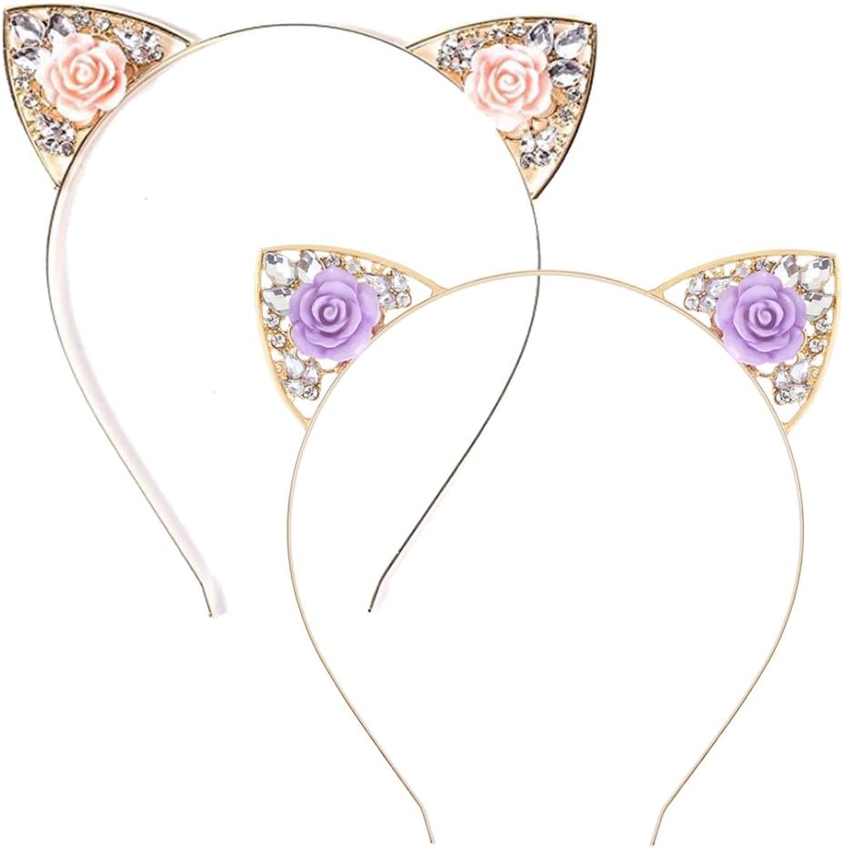 VK Accessories 2 pcs Rose Pink Flower Cat Ear Headband for Women 02