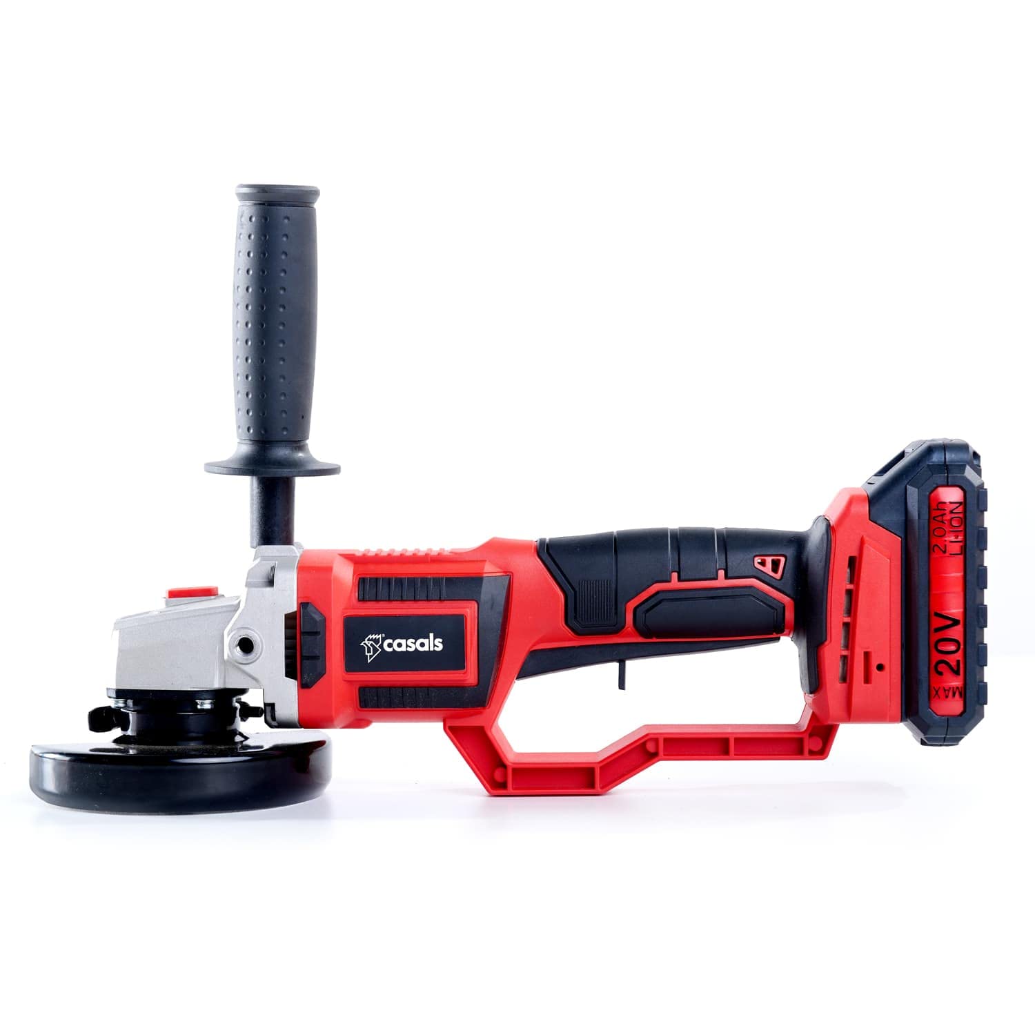 Casals - Bezprzewodowa szlifierka kątowa 20 V | 2,0 Ah litowo-jonowa | 7000 obr./min | Ø tarcza 115 mm | 2-pozycyjna ergonomiczna gumowa rączka | podwójne bezpieczeństwo | wymienny akumulator | silnik