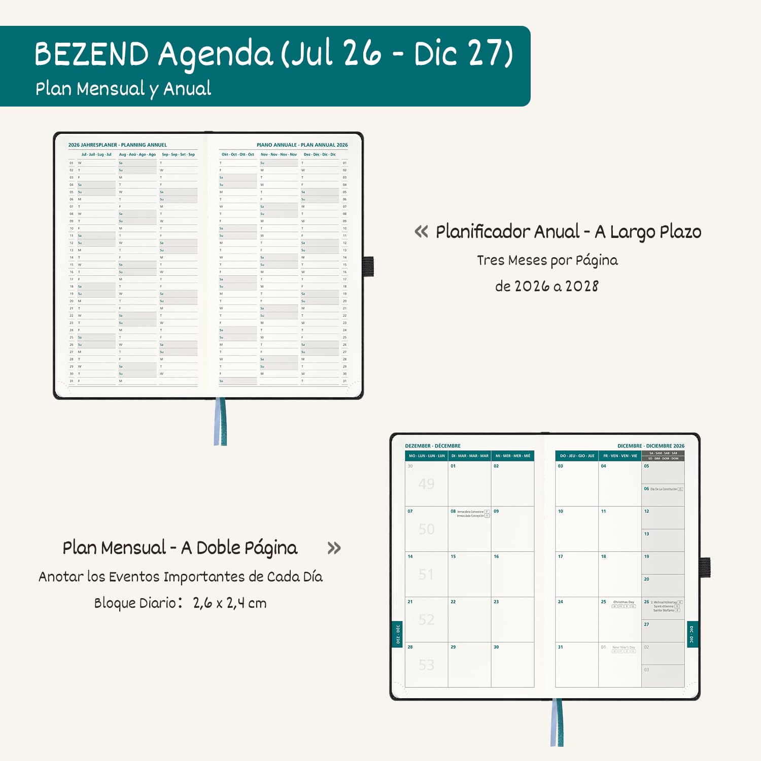 BEZEND Agenda 2026 2027 Semana Vista Pequeña 9 x 15,5 cm, 18 Meses Agenda Escolar de Bolsillo de Jul.26 a Dic.27, A6 Planificador Semanal con Doble Horario, Tapa Dura Cuero PU - Negro
