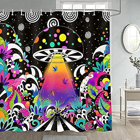 Gdmoon Mushroom Shower Curtain Hippie UFO Nature Plant Abstact Cartoon Magic Art Cool Colorful Funny Spacecraft Star Starry Sky Polyester Fabric Bathroom Curtain Set 12 Hooks 72x72In YLWHGD971 Cover