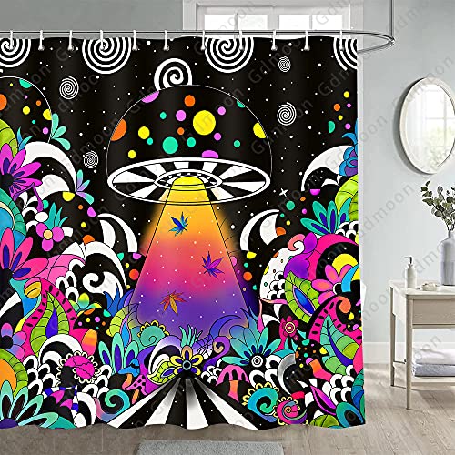 Gdmoon Mushroom Shower Curtain Hippie Ufo Nature Plant Abstact Cartoon Magic Art Cool Colorful Funny Spacecraft Star Starry Sky Polyester Fabric Bathroom Curtain Set 12 Hooks 72X72In Ylwhgd971 #TOP11