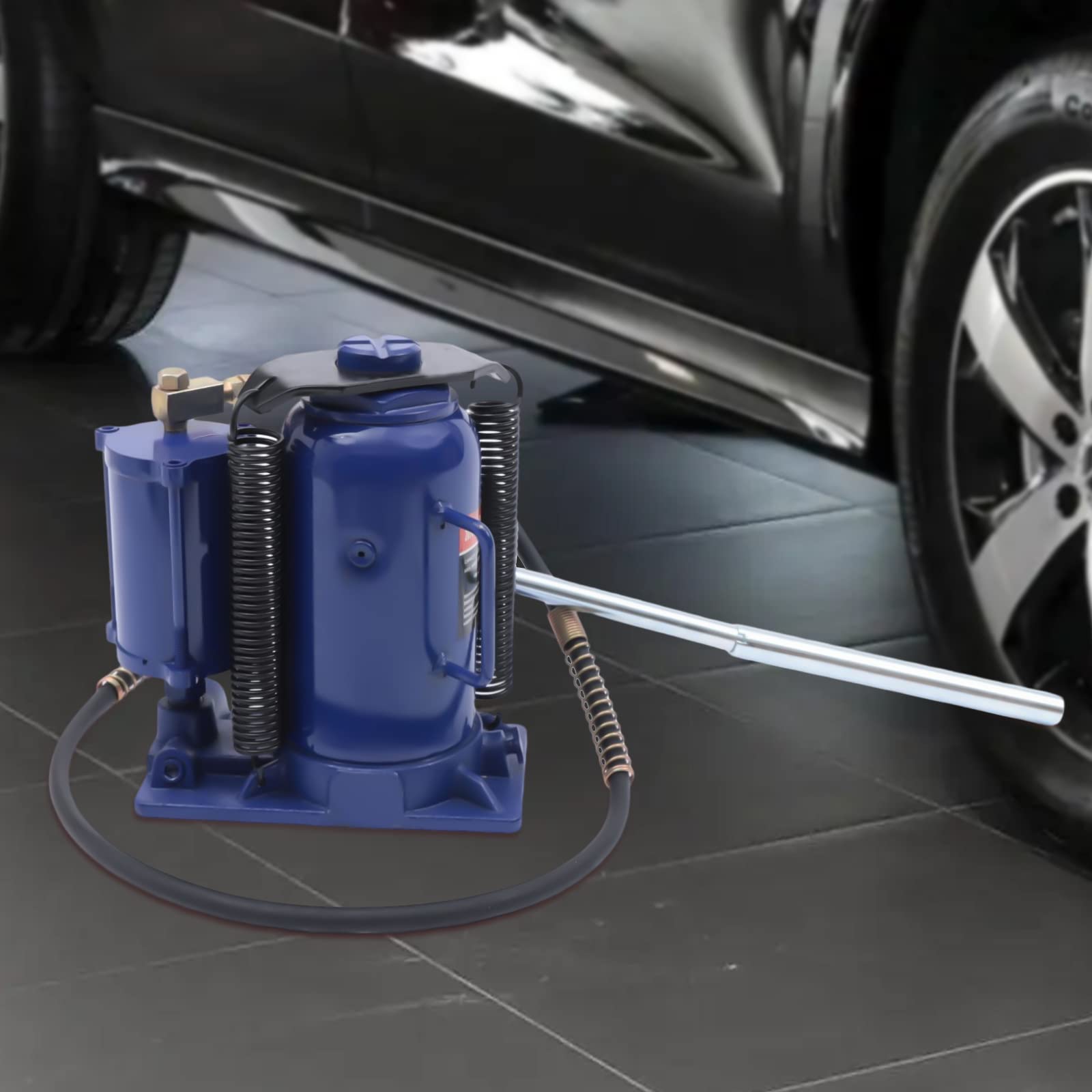 Gato hidráulico neumático de acero para botellas de 20 toneladas, gato hidráulico para coche con bomba manual manual, soporte de elevación hidráulico azul con manguera de aire de 117 cm de largo