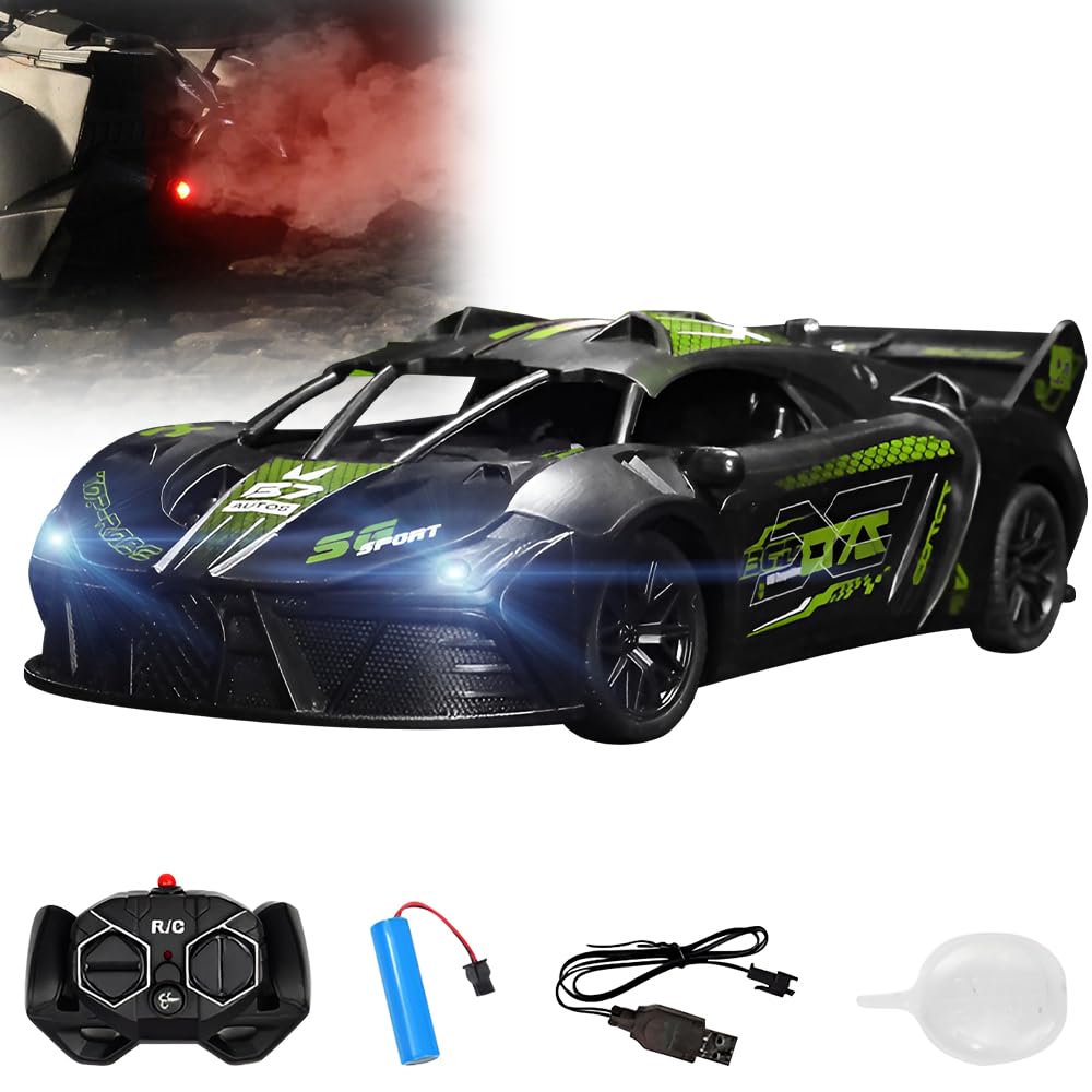 Coche Teledirigido con Spray, Coche Teledirigido Drift, 1:24 Drift RC Car, 4WD Mini Coche Teledirigido con Kit Barricada, Radiocontrol Coche de Juguete para Adultos y Niños Mayores de 8 Años