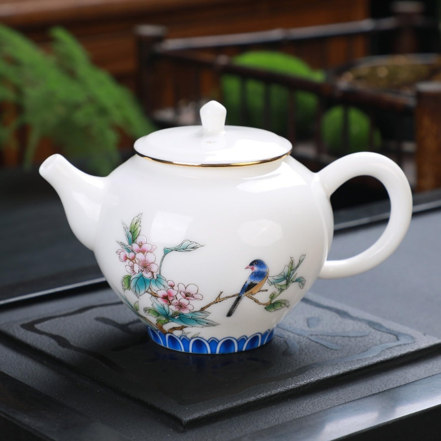 创意壶德化高白玉瓷羊旨玉家用三才 Ceramic Kung Fu Tea Set,teapot,Teacups,warming Wedding Birthday Gift,Tea Tray Chinese,Dishwasher Safe 鸟语花香/茶壶