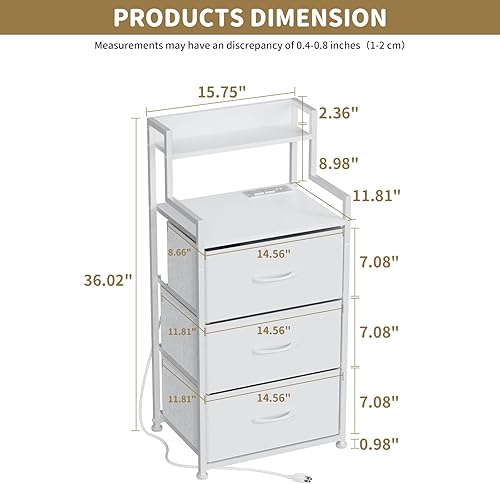 Miniatura 3 de Mesita de noche alta con luz y estación de carga, mesita de noche con 3 cajones de tela y estante de almacenamiento, mesitas de noche con puertos