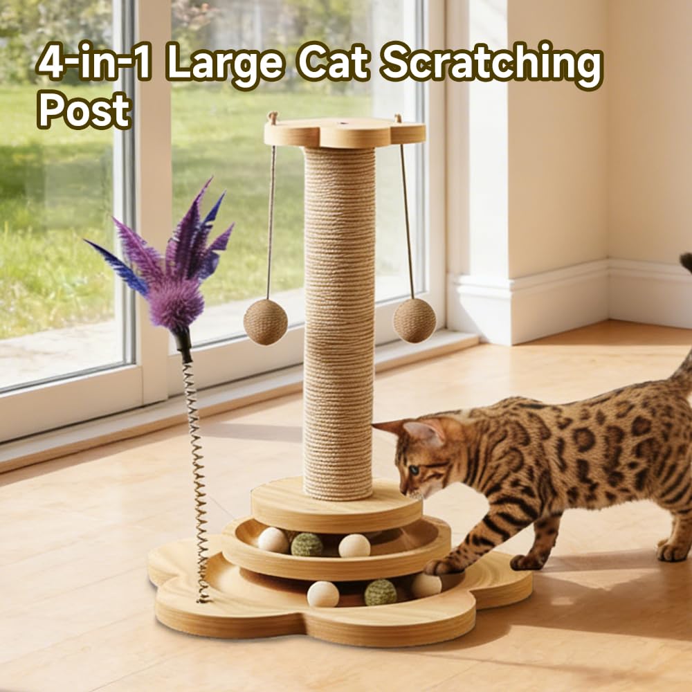Jouet pour Chat Intérieur en Bois 4 en1,50CM Colonne De Griffe D'intérieur en Bois,Arbre à Chat avec Jouets,Arbre à Griffoir Corde en sisal avec Balle Tournante, Plumes, pour Chats