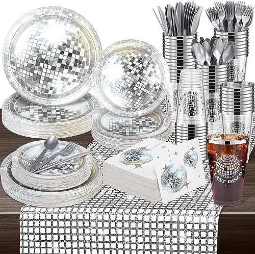 durony 351 Pieces 70s 80s Disco Party Supplies Silver Disco Ball Paper Plates Cups Disco Cocktail Napkins Plastic Cutlery Disco Party Table Runner for Disco Bachelorette Party Decorations(Serves 50) 2 61VAChD6 6L. AC