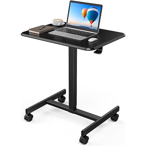 Mobile Laptop Desk Mobile Small Standing Desk Pneumatic Adjustable Height, Portable Rolling Desk Laptop Cart Ergonomic Mobile Desk with Lockable Wheels