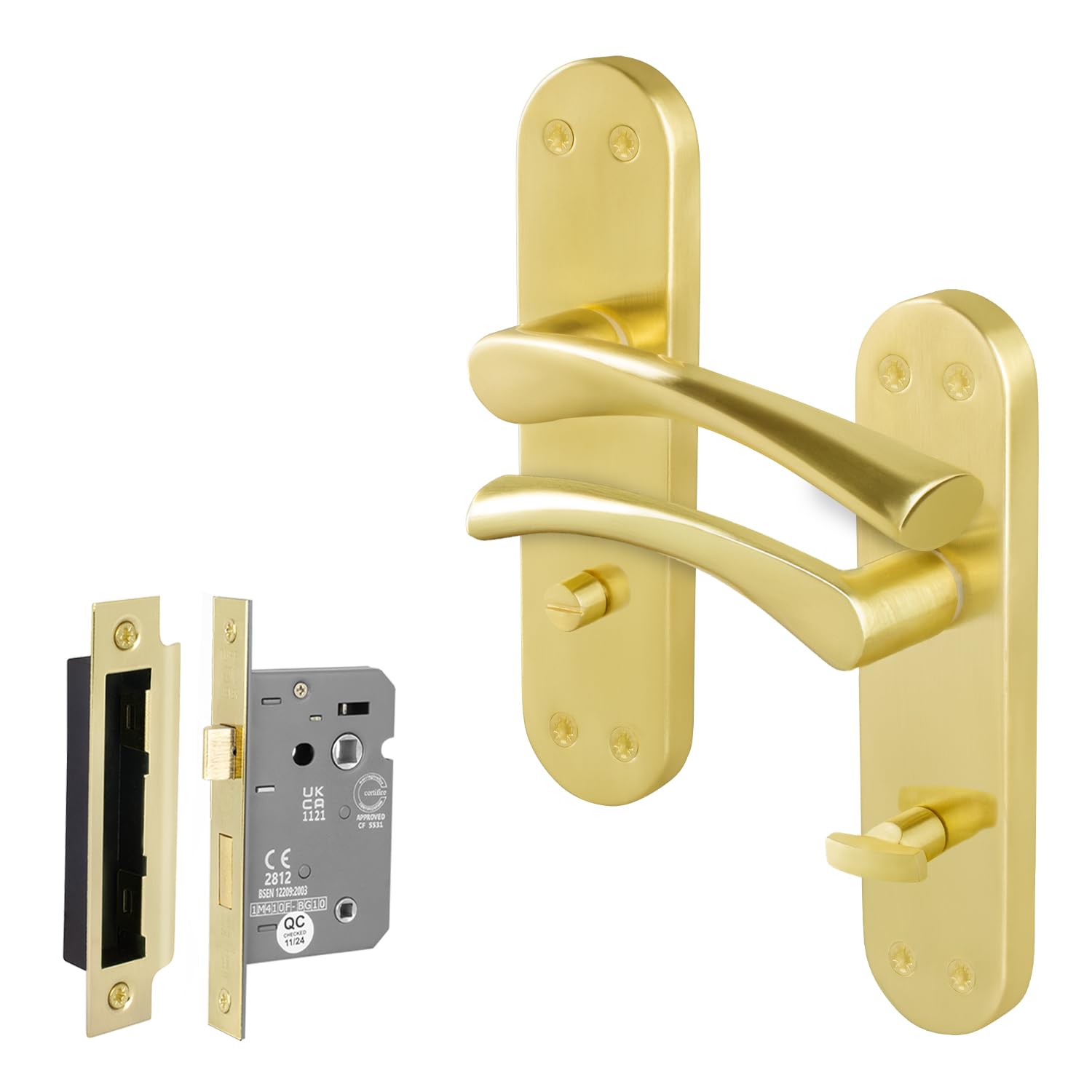 Eai Satin Brass Brass Bathroom Door Handle Set, 1 Pair Of Internal T-Bar Handles On Backplate, Lock (64Mm) - Novoli