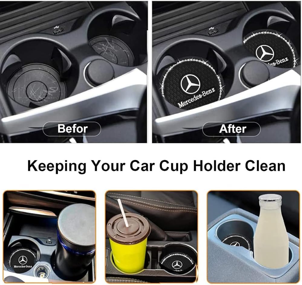 2PCS Car Cup Holder Coasters Compatible with Mercedes Benz CESM CLK GLK GL AB GLS GLE AMG Series,2.75-inch Durable Round Silicone Coaster,Bling Cup Coaster Accessories-BC - Image 2