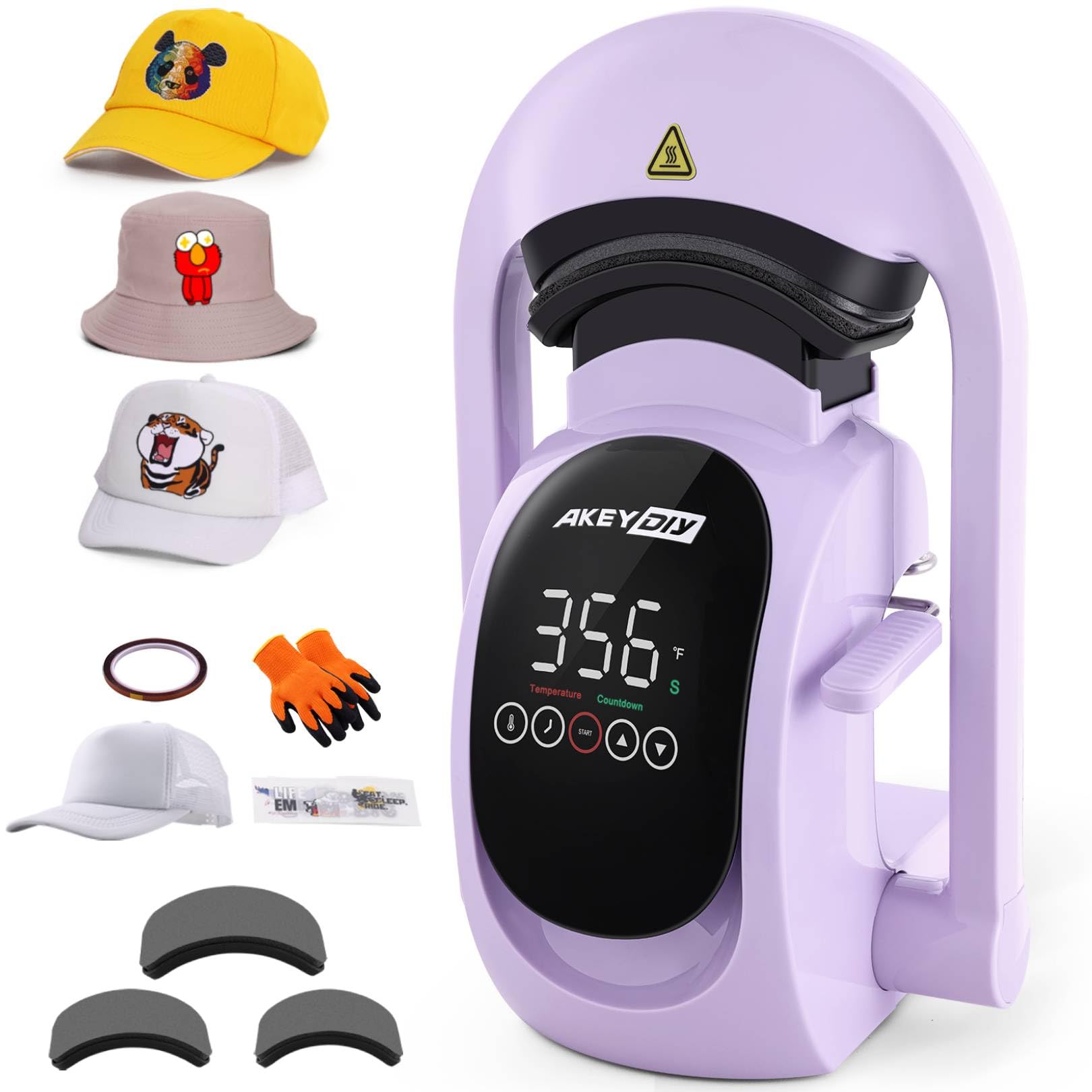 AKEYDIY - Máquina de prensado térmico automático 3 en 1 para gorras con 3 platinas intercambiables, apertura automática, pantalla táctil para un control preciso de la temperatura y la impresión por transferencia térmica para gorras (morado)