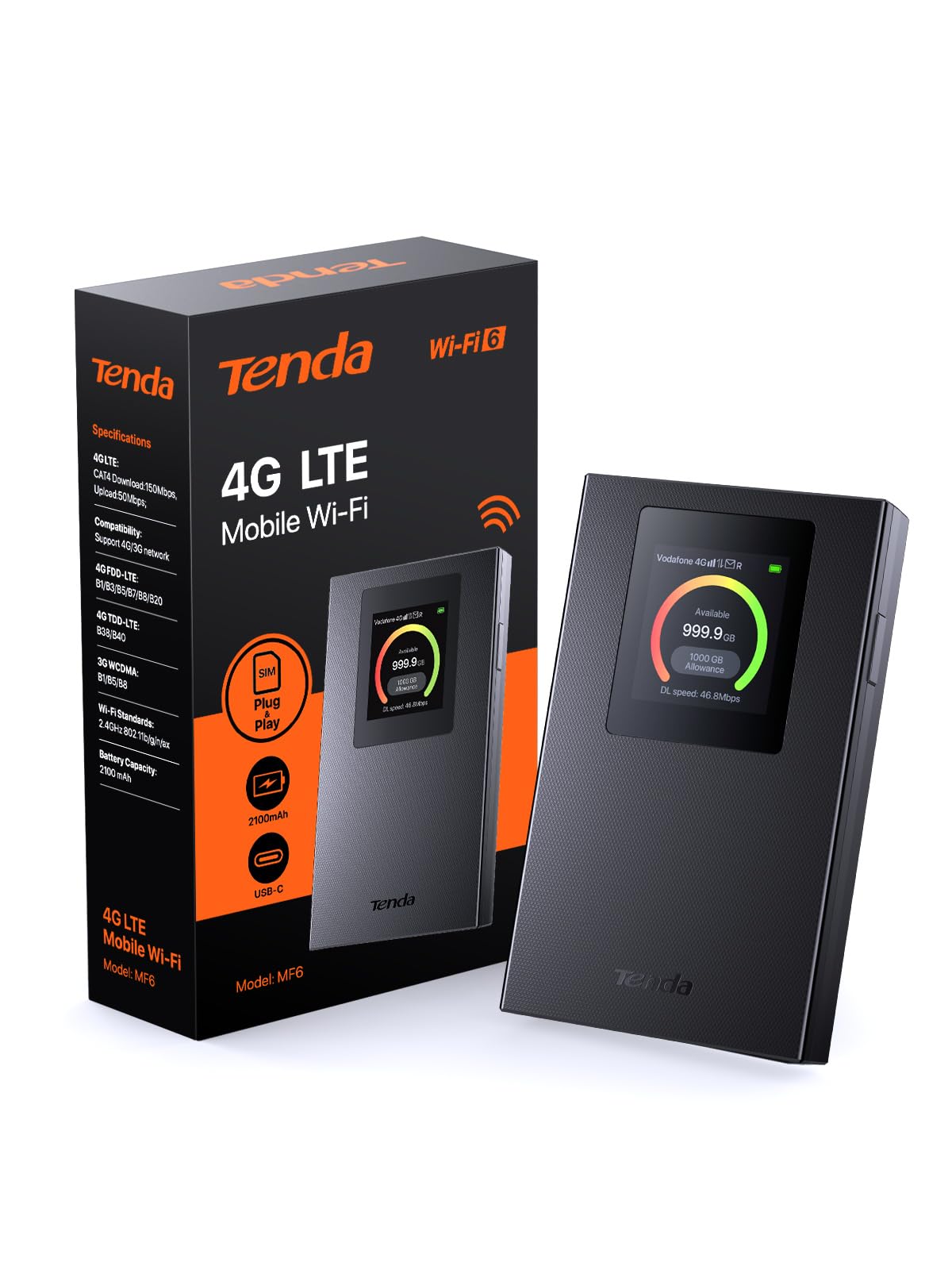 Tenda MF6 - Router 4G SIM Portátil Móvil, WiFi Portatil Cat4 WiFi 6 AX300, MiFi 4G con Batería Recargable de 2100mAh, Puerto USB-C, WPA3, Pantalla a Color, Carga con Power Bank, Nano SIM, Plug y Play