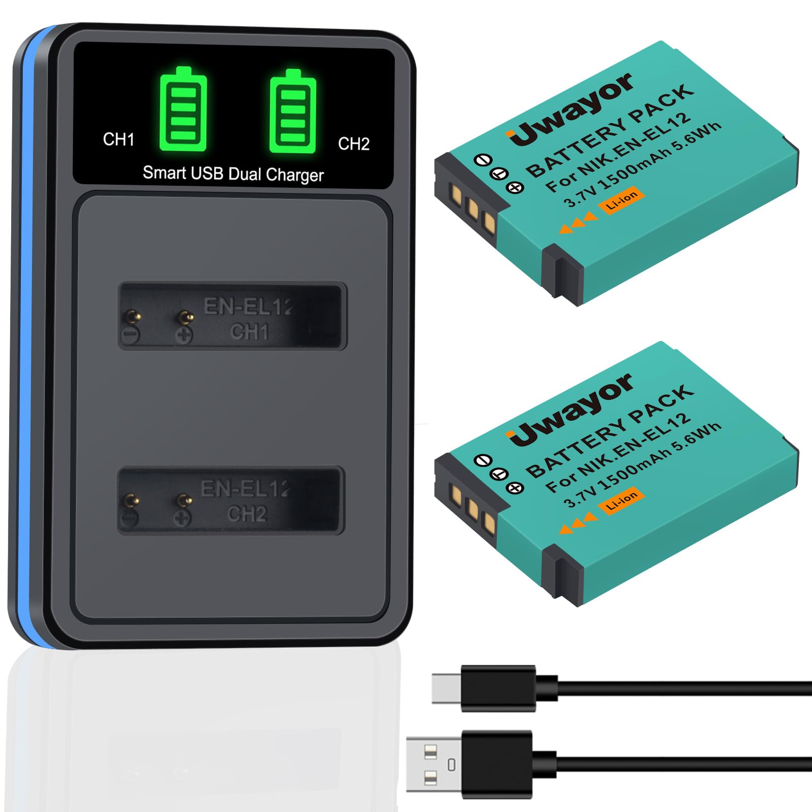 EN-EL12 Battery and Dual Charger for Nikon S9900 S9700 S9500 S9300 S8200 S8100 S8100 S6300 S6200 S6100 S6000 A1000 A900 P340 P330 P300 AW130 AW120 AW100 B600 and More Cameras