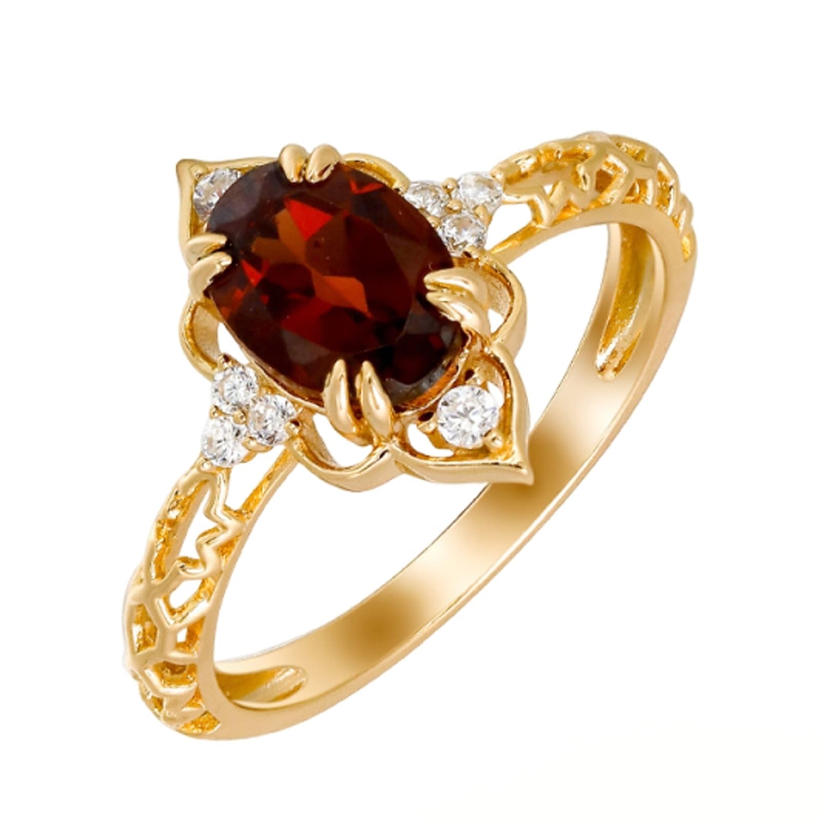 Anillo de boda dorado Au 375/585/750 con granate ovalado, forma vintage de filigrana