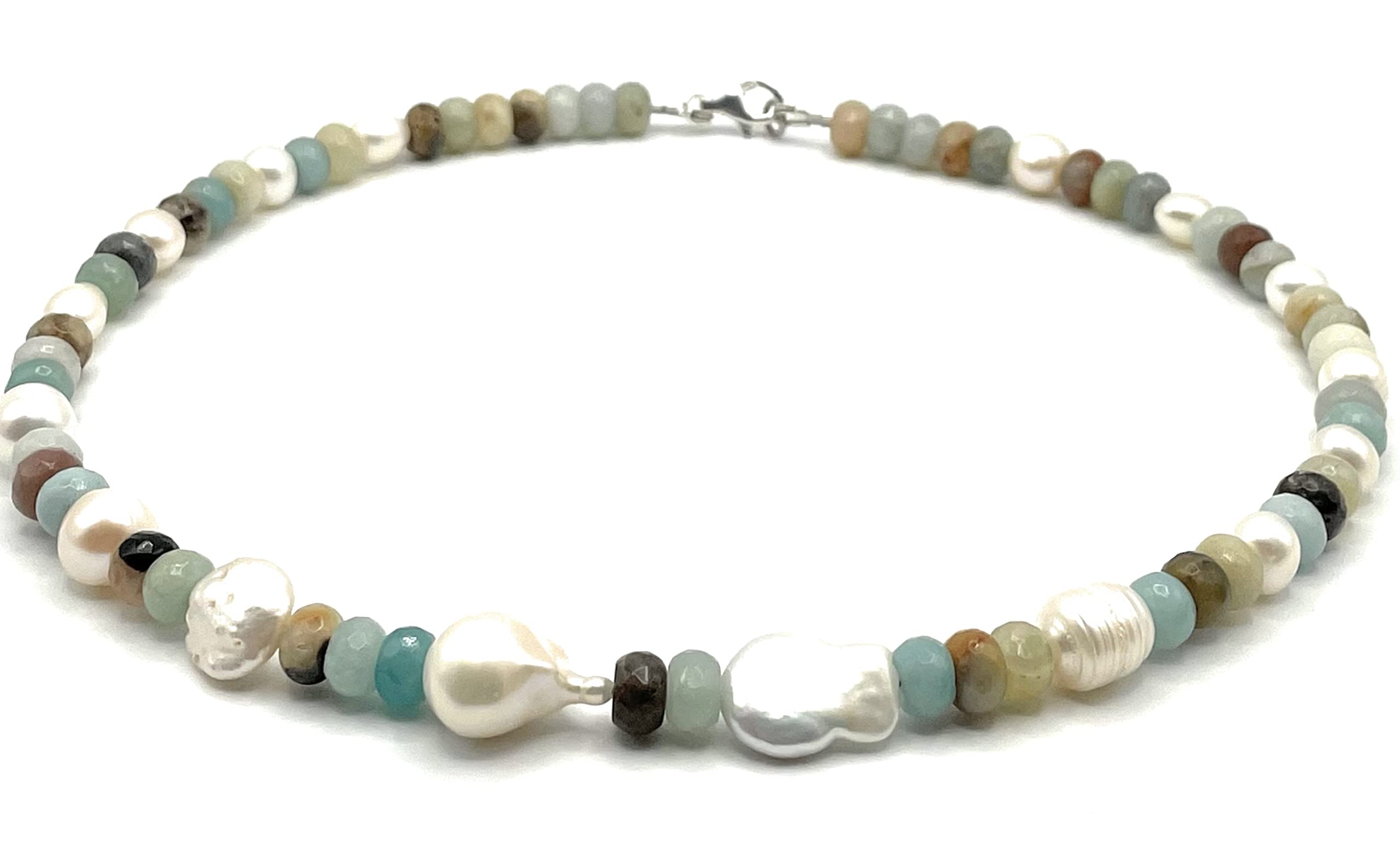 Amazonit Halskette mit Barock Perlen, 925 Sterling Silber, Chunky Edelstein Choker, italienischer Schmuck, April Geburtstagsgeschenk, Made in Italy