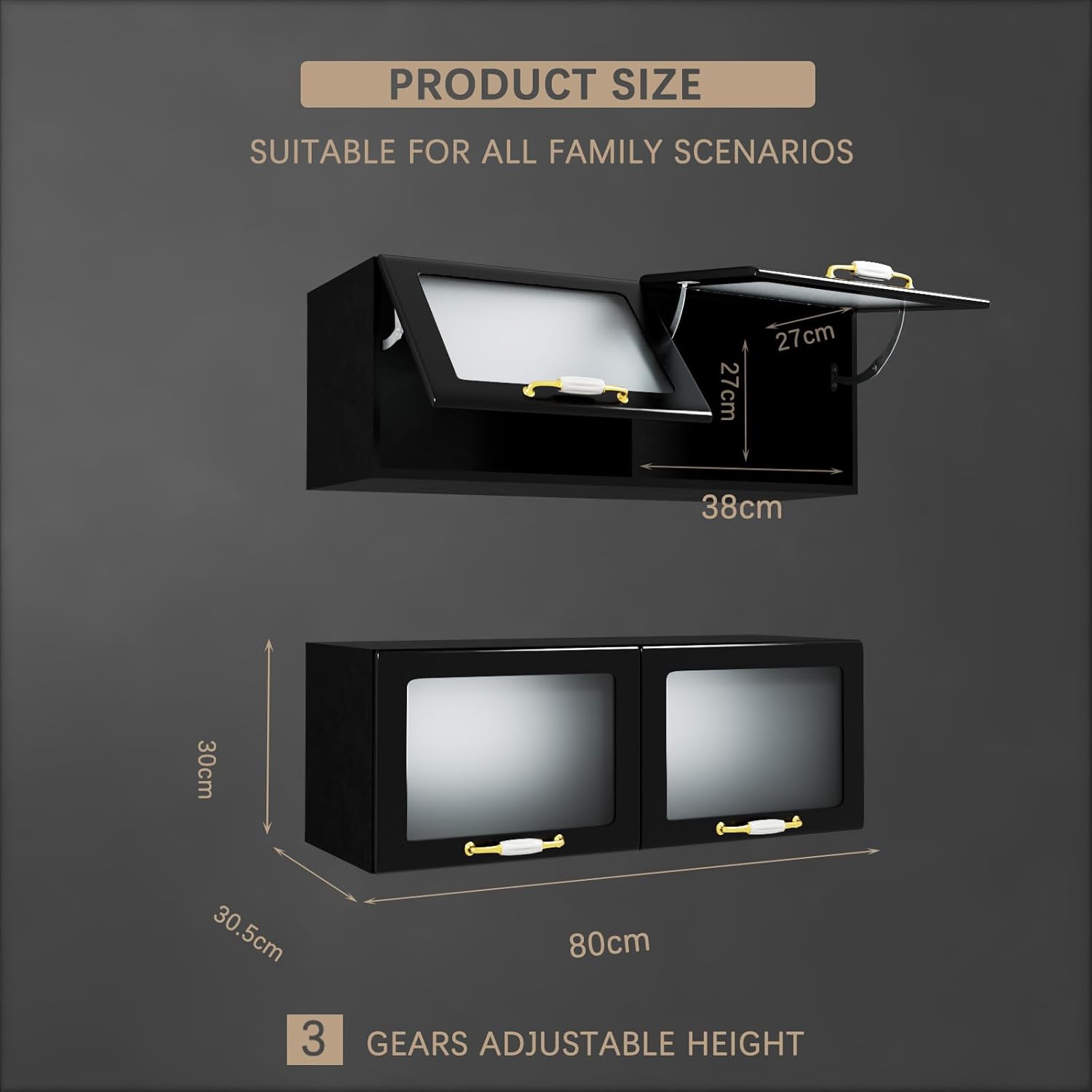 Wall Cabinet Bathroom Cabinet Wall Mount, Over The Toilet Storage Cabinet Medicine with 2 Acrylic Hinge Door, Kitchen Glass Wall Cabinet, Additional Storage Space in Home, Black