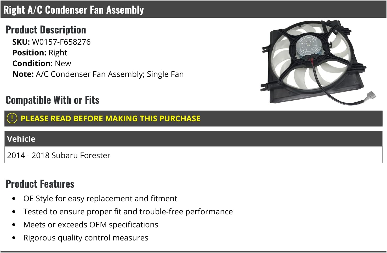 Right A/C Condenser Fan Assembly - Single Fan - Compatible with 2014-2018 Subaru Forester