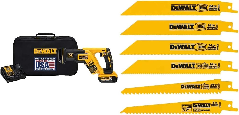 DEWALT 20V MAX XR Compact Reciprocating Saw (DCS367P1) and Reciprocating Saw Blades Set (DW4856) - 6 Pieces