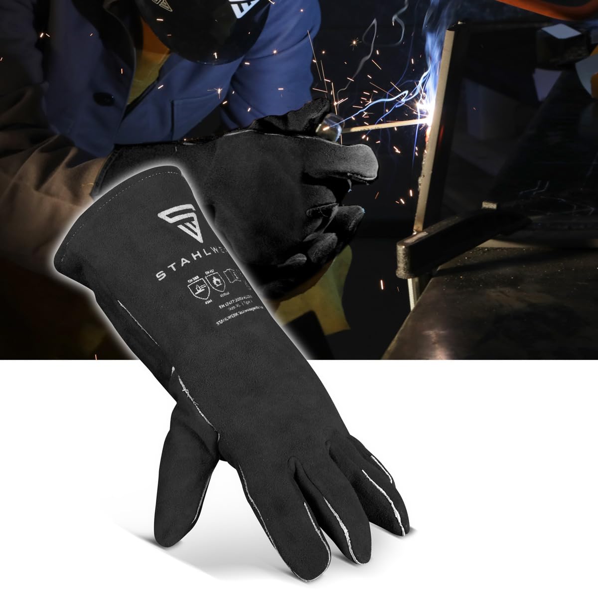 STAHLWERK guantes de soldadura guantes de protección térmica extra robustos | guantes de trabajo | guantes de soldadura | guantes resistentes al calor de serraje para soldadura