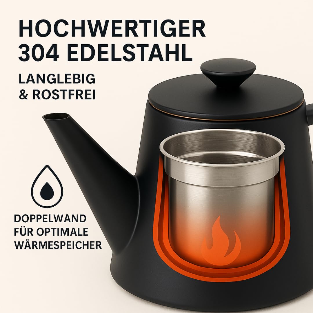 Edelstahl Teekanne 1 Liter mit Stövchen - Doppelwandig, Tropffreier Ausguss - mit Siebeinsatz für losen Tee oder Teebeutel (Beige)