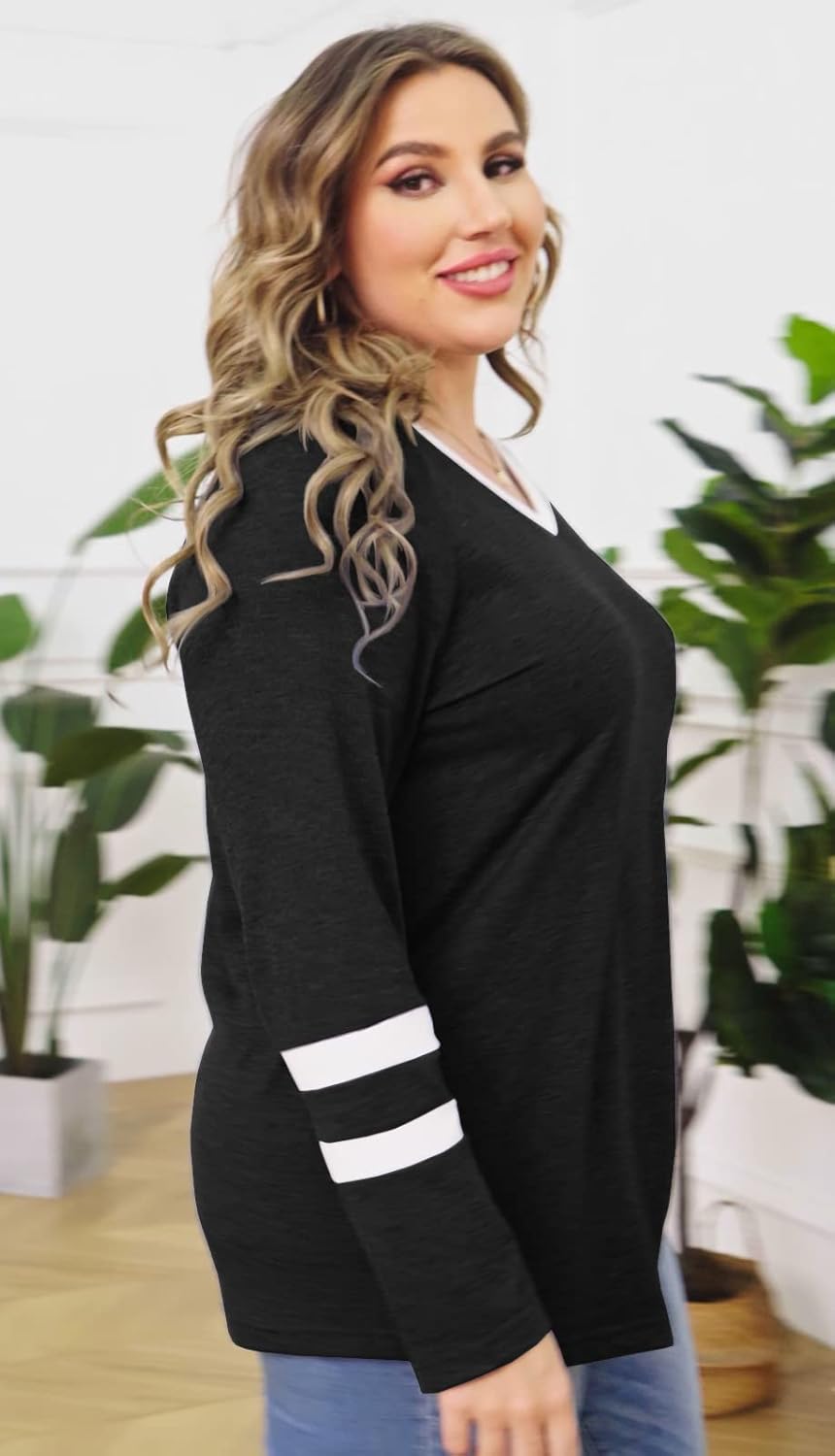 Haloumoning Women's Plus Size Tops Striped Long Sleeve V neck T Shirts Color Block Casual Tunics Tee Shirt - Image 4