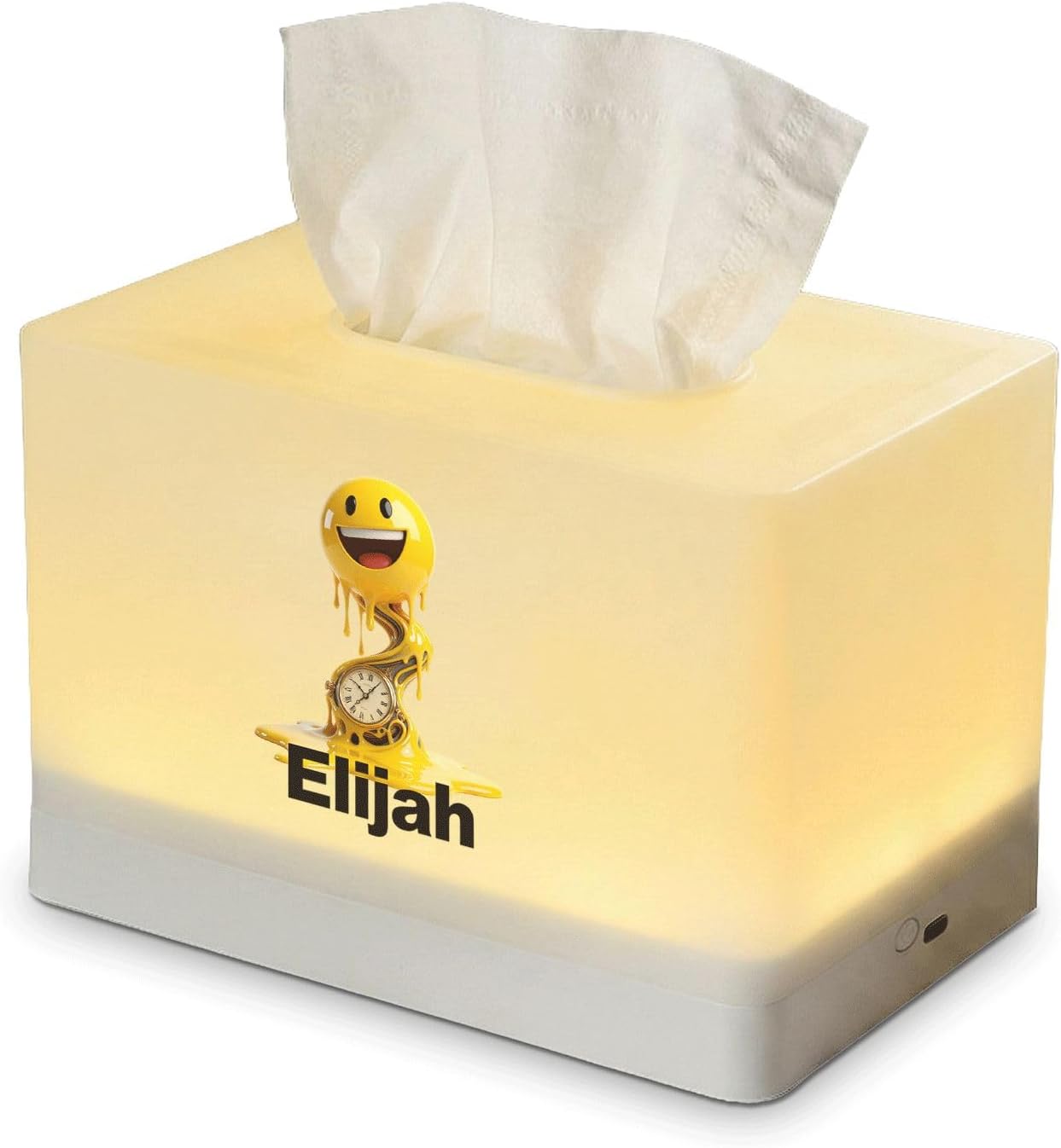 Personalized Tissue Box Cover with LED Night Light, Rechargeable Lamp with Custom Name and Melting Emoji Graphic for Bedroom Nightstand Decor