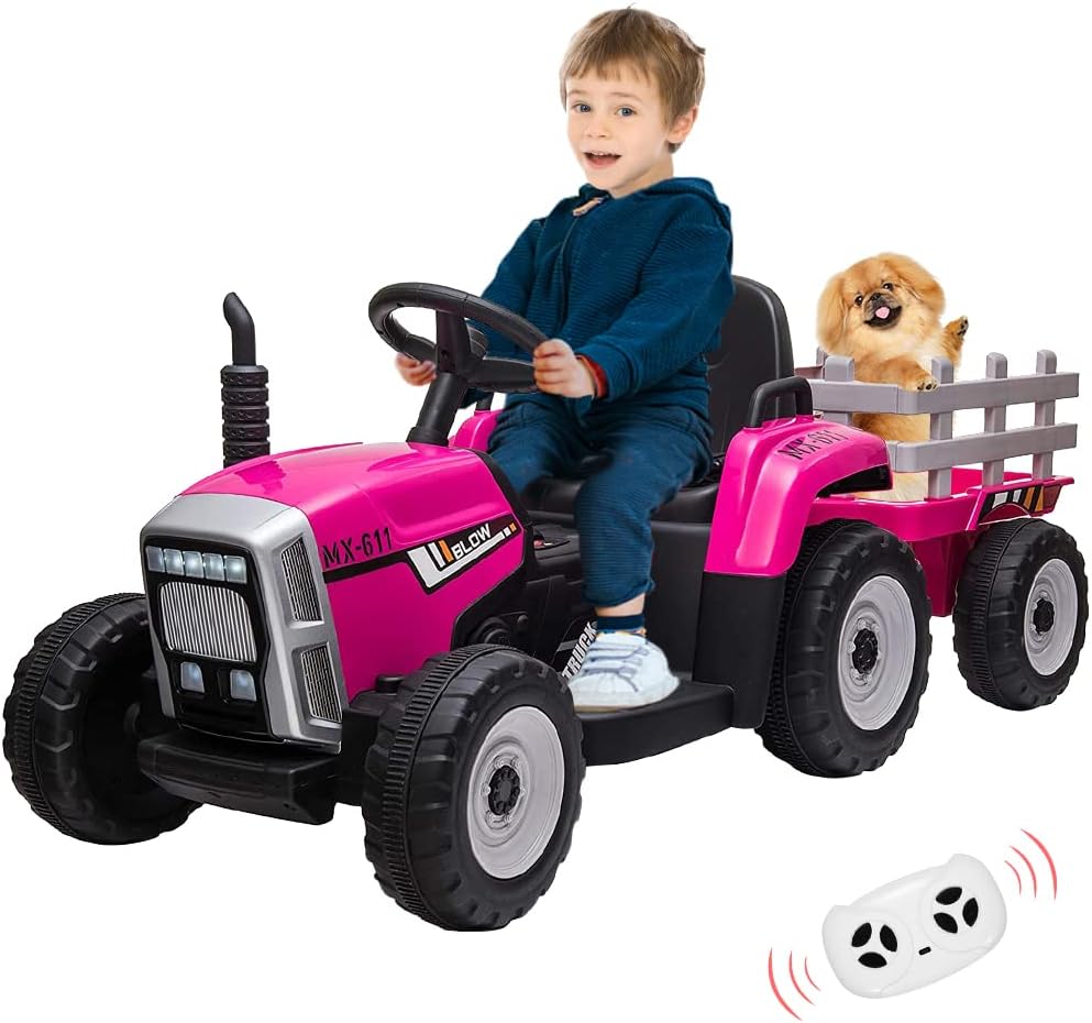 12V Ride on Tractor with Trailer and Remote Control,Toddler Kids Electric Vehicle Car with LED Headlights,2+1 Gear Shift,MP3 Player,USB,Speed Up to 5mph (35W,EVA Tire,Red)