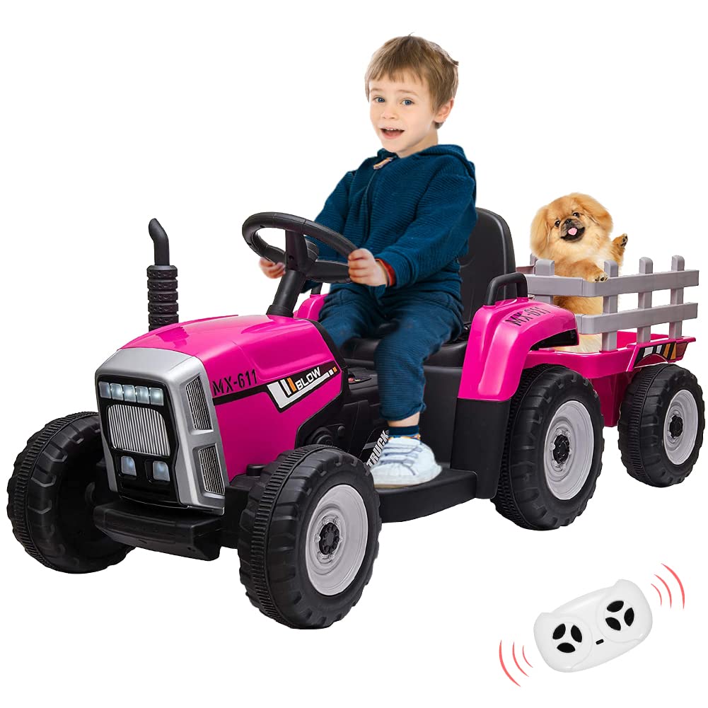 12V Ride on Tractor with Trailer and Remote Control,Toddler Kids Electric Vehicle Car with LED Headlights,2+1 Gear Shift,MP3 Player,USB,Speed Up to