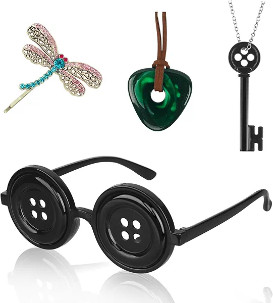 Cowaski 4 Pcs Accessories Fit for Cosplay Costume, Button Eyes Glasses, Key Necklace, Hair Clip, Green Stone Set Halloween Merchandise, Christmas Birthday Gift for Women Men and Fans