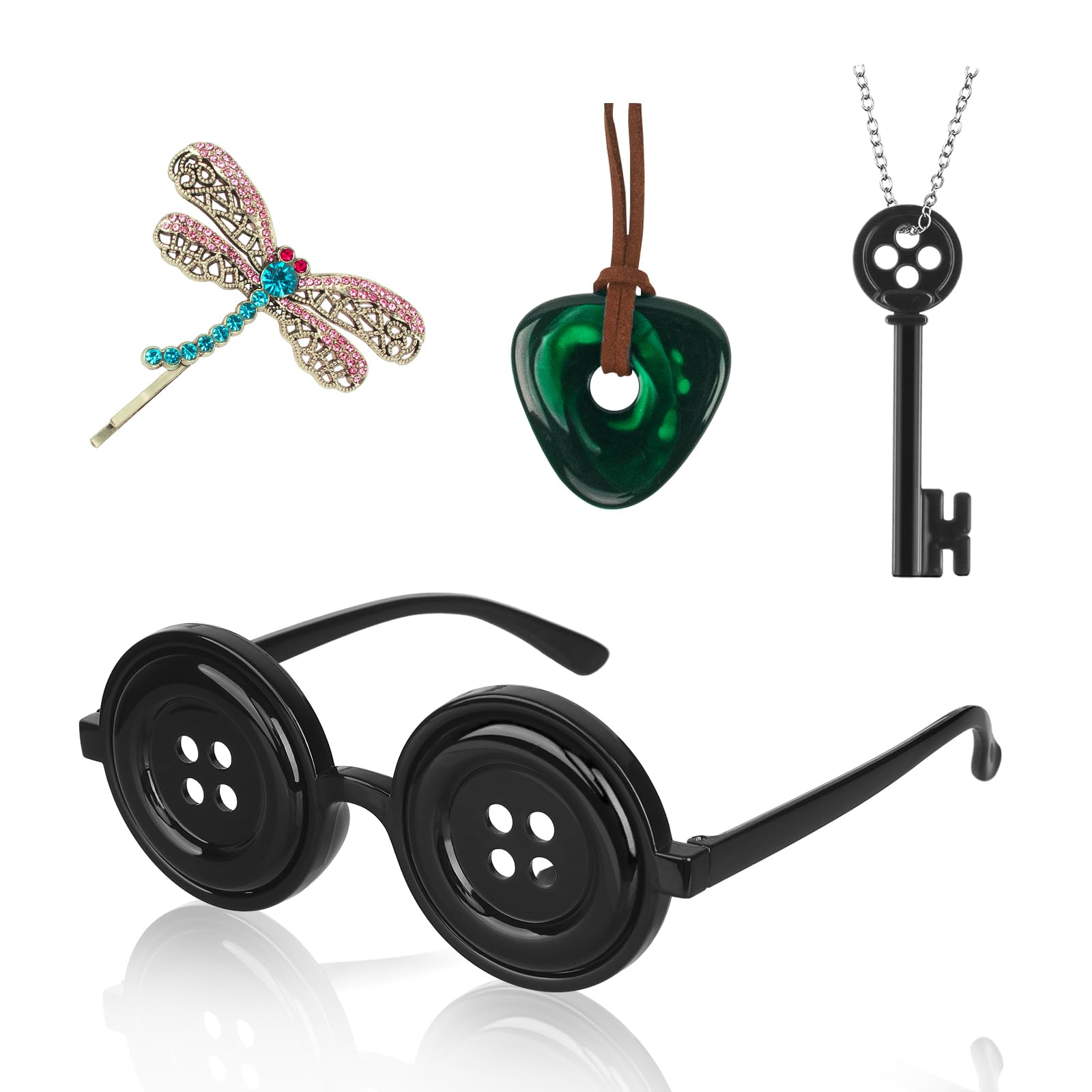 Cowaski 4 Pcs Accessories Fit for Cosplay Costume, Button Eyes Glasses, Key Necklace, Hair Clip, Green Stone Set Halloween Merchandise, Christmas Birthday Gift for Women Men and Fans