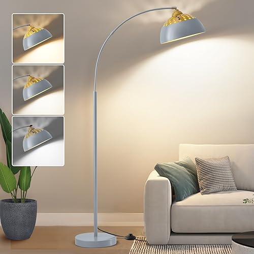 Arc Floor Lamps for Living Room, 71" Standing Lamp with Adjustable Lamp Head, Silver Metal Tall Lamps with Foot Switch, Arched Reading Light for Bedroom, Office, 9W 3 Color Temperatures Bulb Included