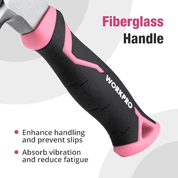 WORKPRO 8 oz Claw Hammer, Pink Hammer with Fiberglass Handle, Pink Ribbon