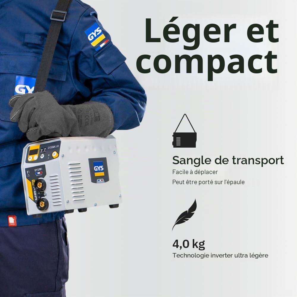 GYS, GYSMI E163, Poste à Souder à l'Électrode Enrobée 160A Monophasé 230V (MMA), TIG DC Lift, MMA Pulsé, Digital, Arc Force, Antisticking, Hot Start, Avec valise, Porte-électrode, Câble de masse