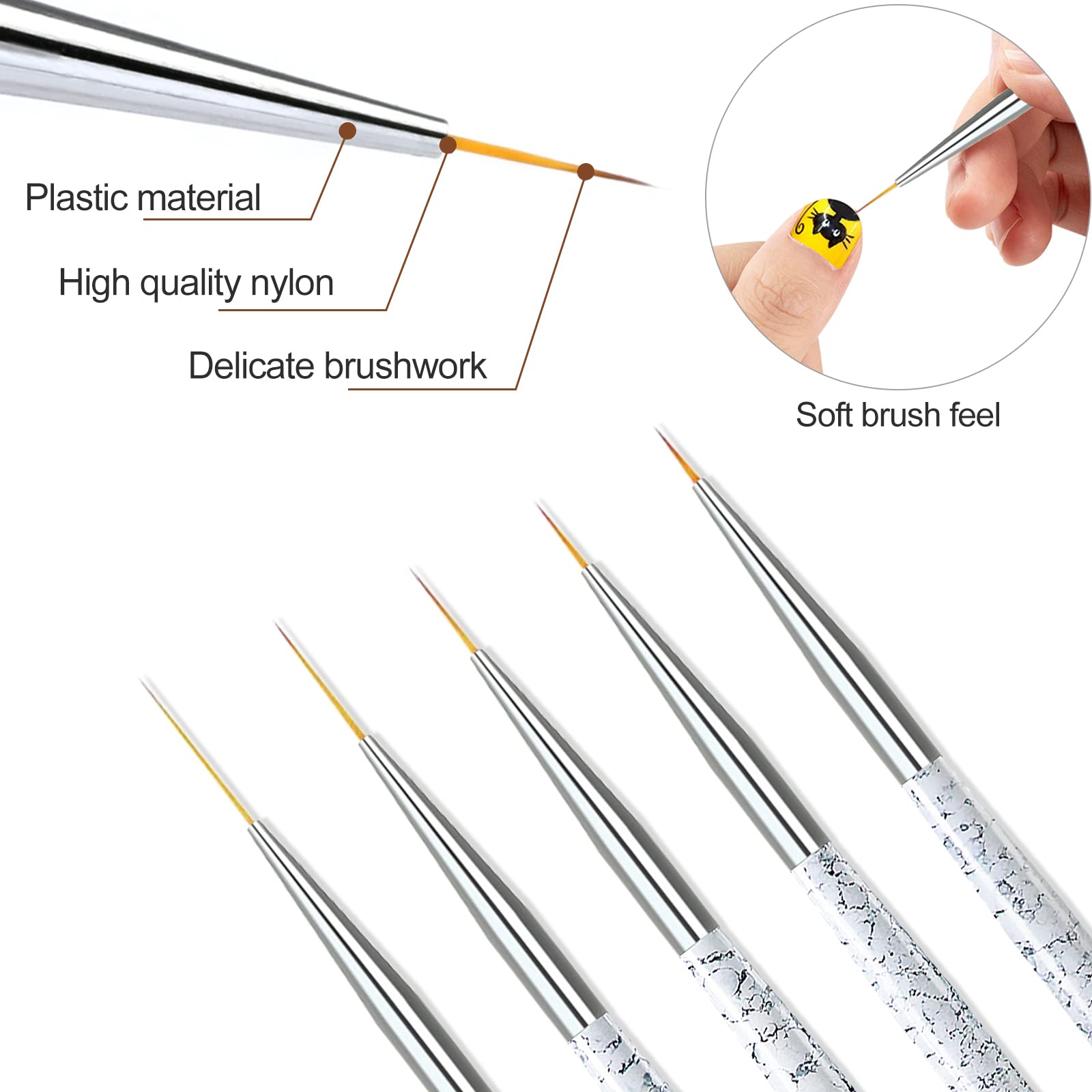 Sularpek Pincel Fino para Uñas, 5 Piezas Pinceles Uñas Gel Profesionales, Pinceles de Uñas de Detalle, Pinceles Nail Art para Casa Bricolaje de Uñas, Pintar y Decoración de Uñas (Blanco)