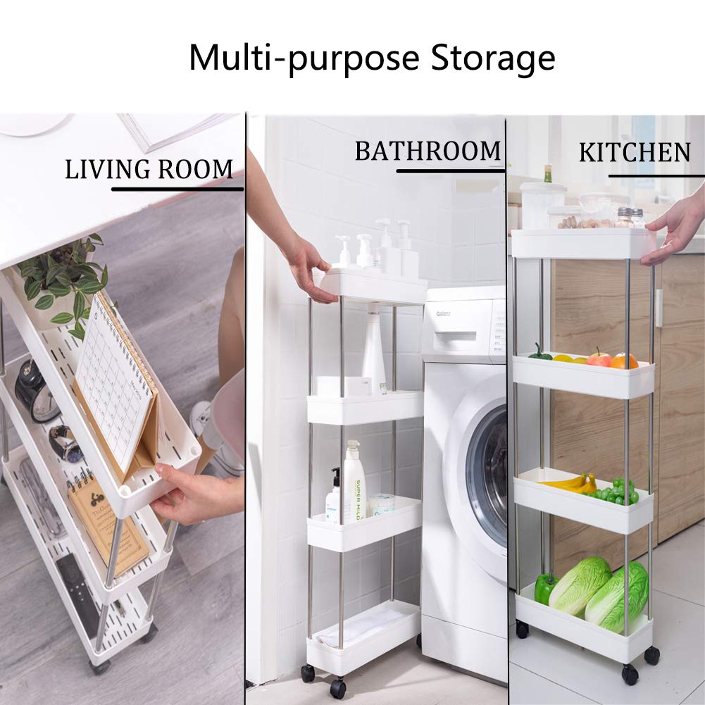 Slim Storage Cart Shelf Removable 4-Tier Rolling Trolley Storage Organizer Carts Rack with 4 Storage Baskets and Wheels for Kitchen Living Room Bathroom Bedroom Narrow Places