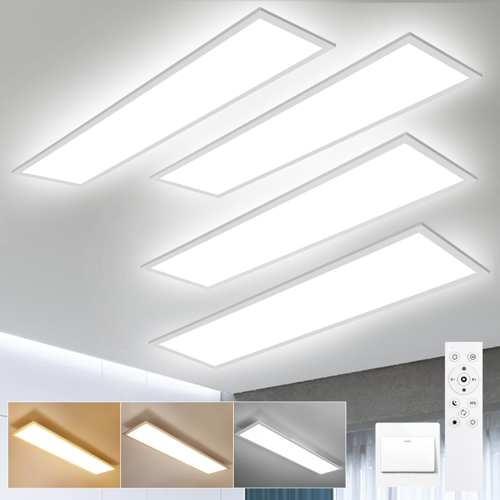 LEOEU 4x LED Panel Deckenleuchte 120x30CM, Deckenlampe mit Fernbedienung 40W 4800LM, Deckenlampe Dimmbar 3000K - 6500K, Deckenleuchte Büro mit Speicherfunktion, Deckenpanel für küche Wohnzimmer