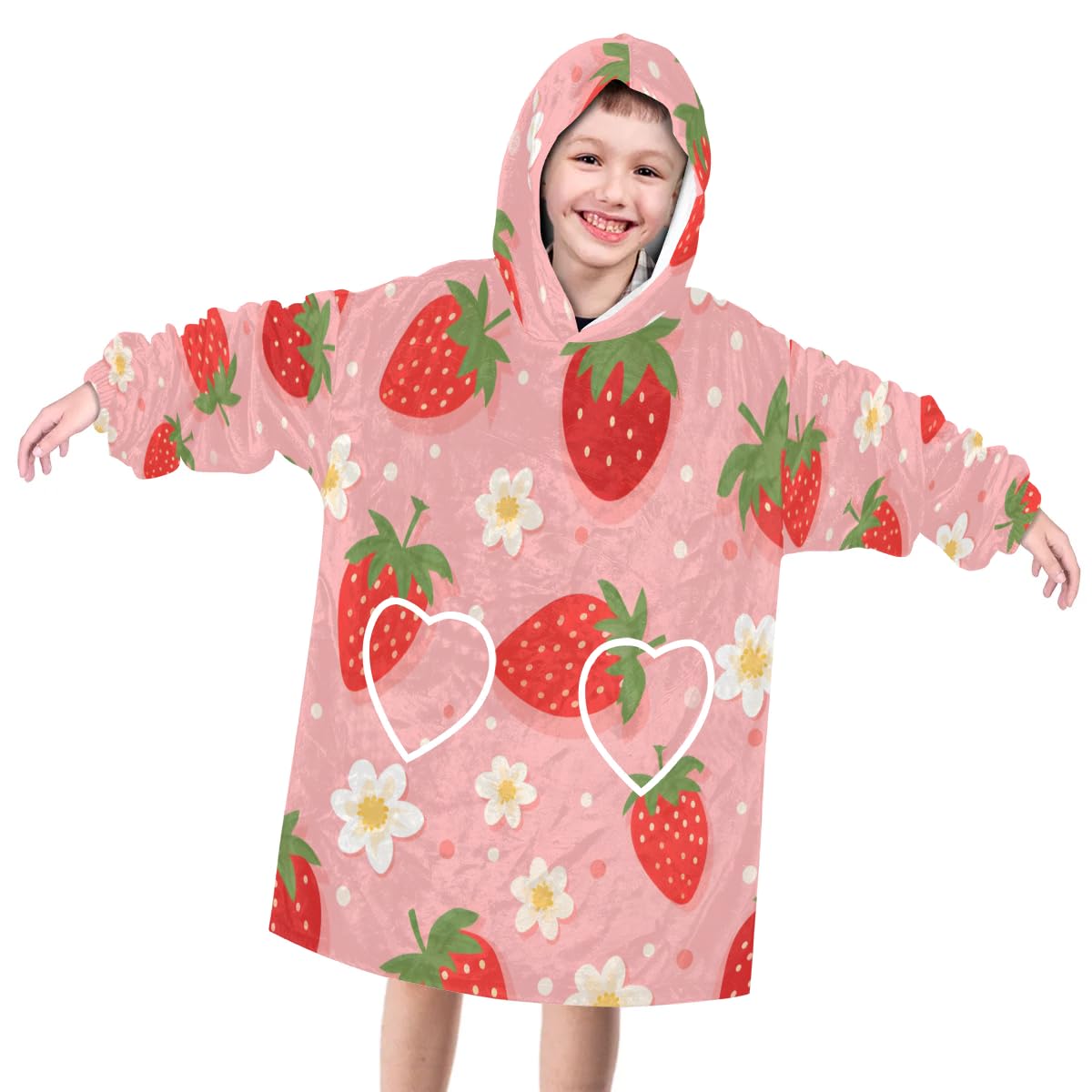Pardick Wearable Blanket Hoodie for Kids, Strawberry Flowers Fleece Sweatshirt Blanket Oversized Blanket Sweatshirt with Pocket Flannel Warm Hooded Blanket 6-10 Year Old Girl Boy Gift, One Size