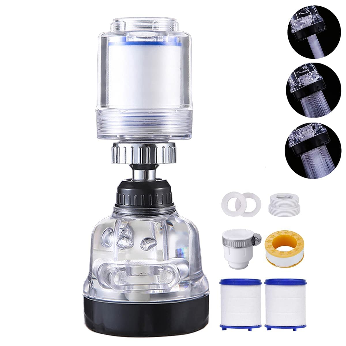 High Pressure Faucet Water Filter, Adjustable 360 Rotate Tap Head Purifier Sprayer Switch, 3 Modes Anti Splash Booster Water Saver for Home Kitchen Sink